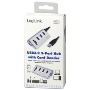 LogiLink Hub USB 3.0 + lecteur de carte, 3 ports, argenté