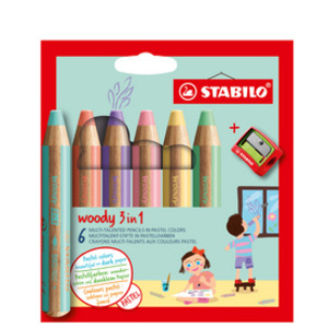 STABILO Crayon multi-talents woody 3 en 1, étui de 6 Pastel