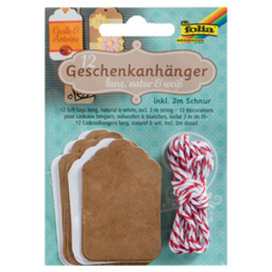 folia Etiquette cadeau long, nature & blanc, avec ficelle