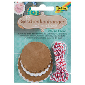 folia Etiquette cadeau long, nature & blanc, avec ficelle