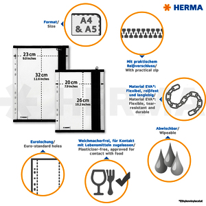 HERMA Pochette à fermeture à zip, perforée, A5, noir