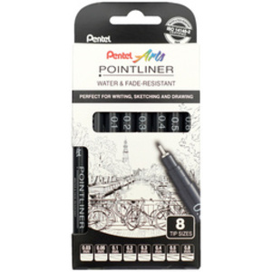 Pentel Feutre technique permanent Pointliner, set de 8, noir