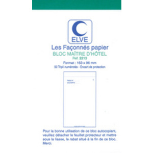 ELVE Bloc Maître d'H'tel, 85 x 150 mm, 50 feuillets tripli