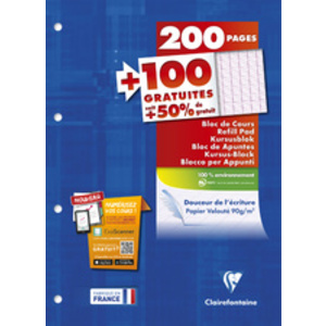 Clairefontaine Bloc de cours, perforé, A4, quadrillé 5x5